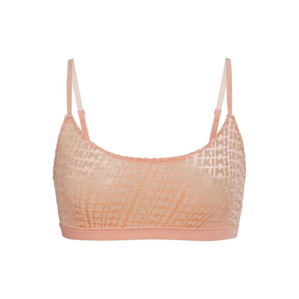 SKIMS VELVET SCOOP BRA Velvet mesh SKIMS logo NWT L large peach  SOLD OUT